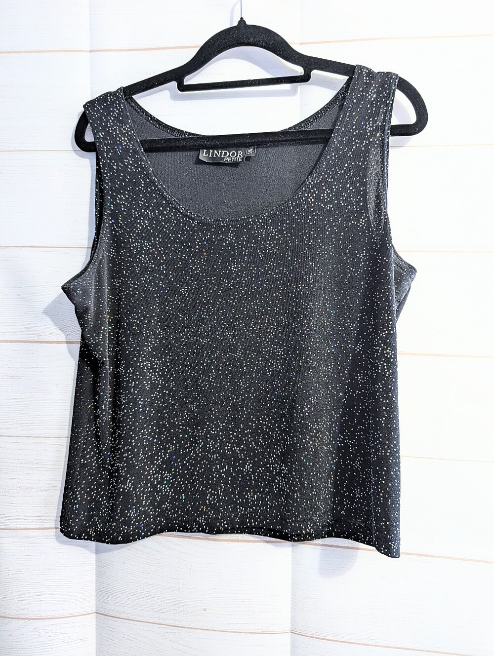 Vintage Lindor Petite Black Sparkle Sleeveless Party Top Size Large